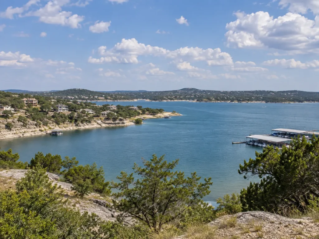 Canyon Lake, Texas overlook with blue water, Hill Country shoreline, homes, and docks