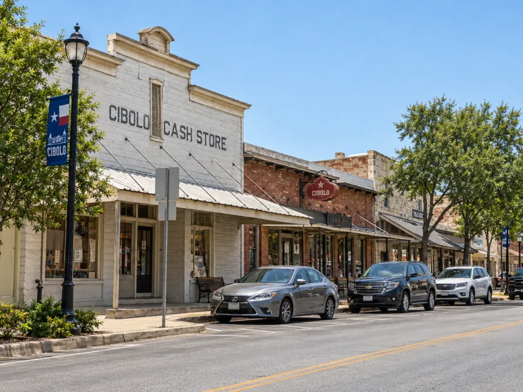 Historic downtown Cibolo, Texas streetscape with storefronts and mature trees