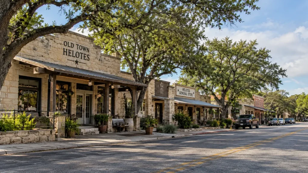 Old Town Helotes, Texas streetscape with limestone storefronts and mature oak trees