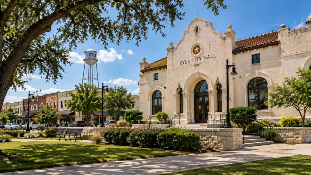 Historic Kyle City Hall and downtown square in Kyle, Texas